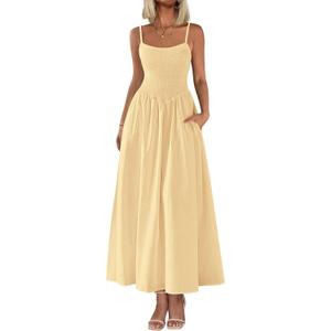 PRETTYGARDEN Women's Smocked Maxi Dresses 2026 Summer Sundress Casual Spaghetti Strap Swing A Line Long Flowy Beach Dress (Yellow, S)