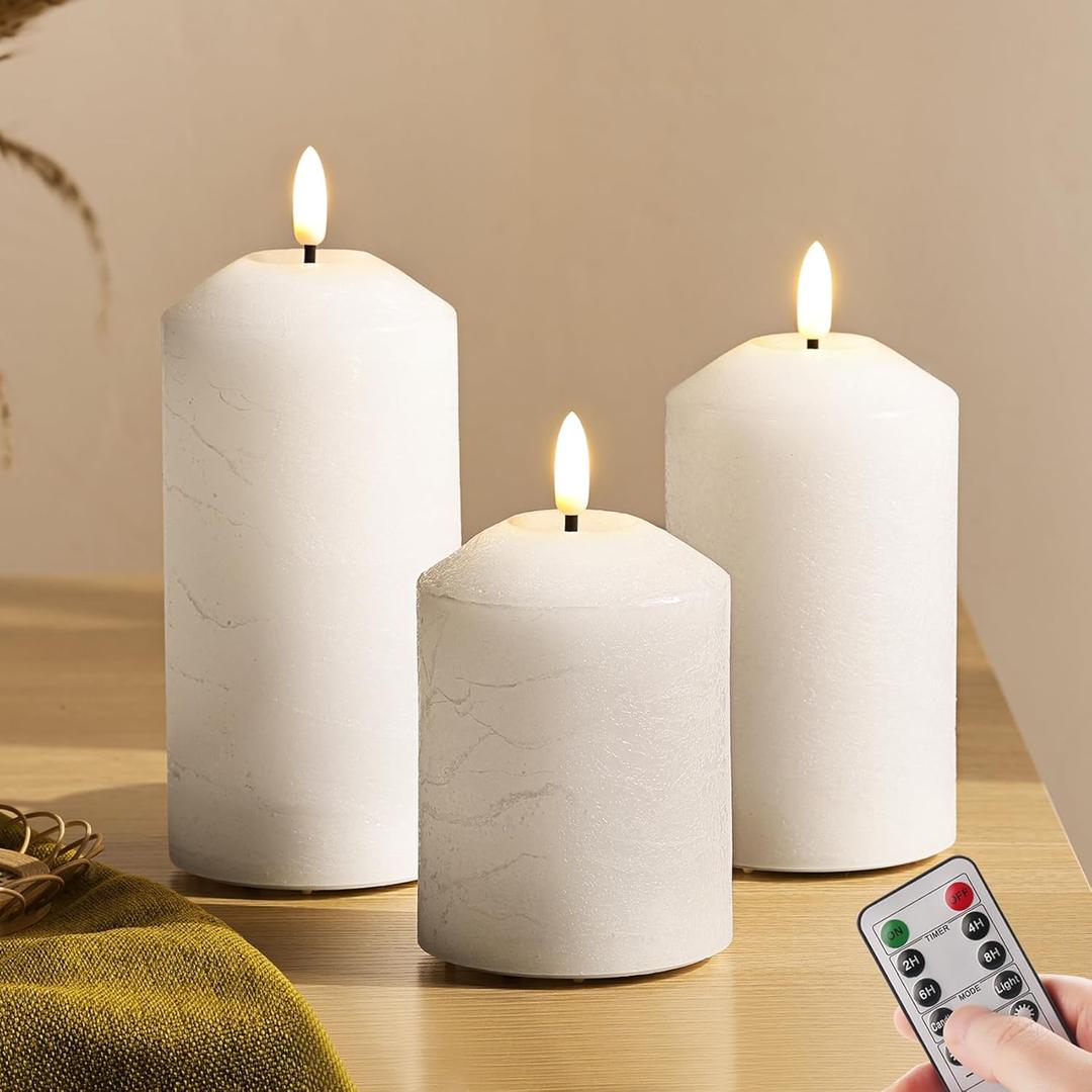 Eywamage White Flameless Pillar Candles with Remote, Flickering LED Candles Battery Powered Real Wax Set of 3