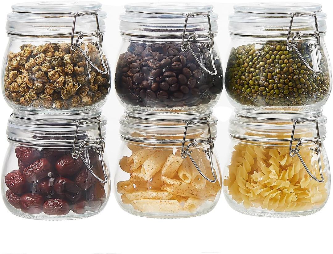 6 Pack 17 oz Glass Jars with Airtight Lids  Food Storage Containers with Preserving Seal Wire Clip Fastening, Glass Canisters for Kitchen Canning Flour, Cereal, Sugar, Beans (17oz*6)