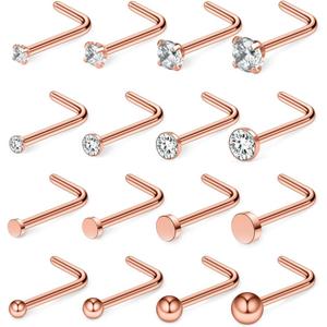 Ruifan 20G 18G Surgical Steel 1.5mm-3mm Flat Ball Clear Diamond CZ Opal Heart Nose Stud Rings L Shaped Piercing Jewelry 16-24PCS
