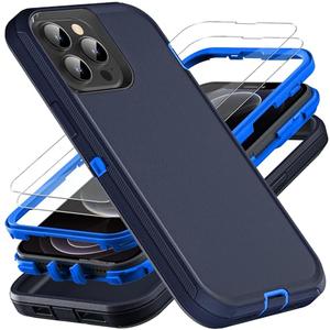 YKHJKLEC for iPhone 13 Pro Max Case, Military Grade 3 in 1 Heavy Duty Shockproof/Drop Proof/Dust Proof Case with 2Pcs Tempered Glass Screen Protector (Navy Blue)
