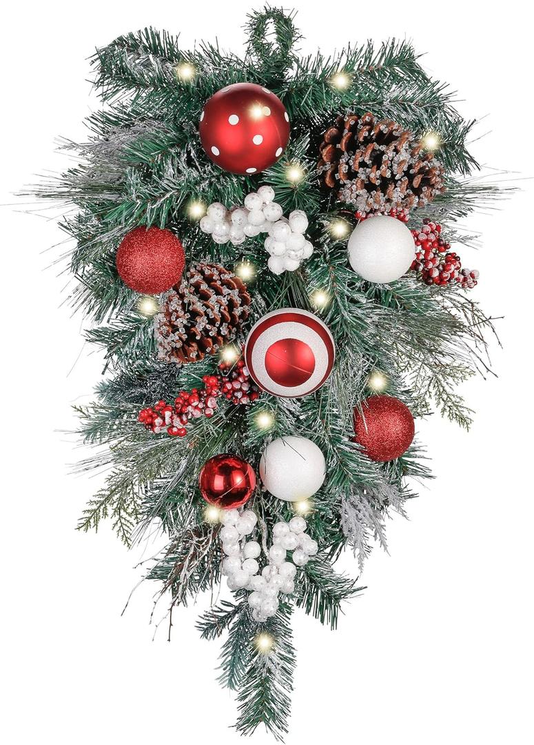 Valery Madelyn Pre-Lit Christmas Teardrop Swag for Decorating Outdoor, 24 Inch Red White Mailbox Swag Decoration with 20 LED Lights, Ball Ornament for Front Door Stairway Window Shelf Xmas Home Decor