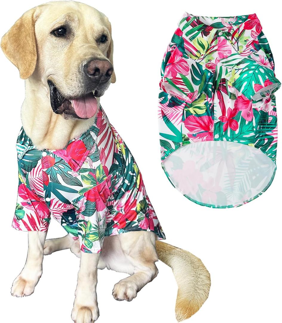 Dog Shirt, Hawaiian Summer Colorful Printed Pet Clothing Breathable and Cool Beach Style Big Dog Boy and Girl Shirt (2X Large, Flower)