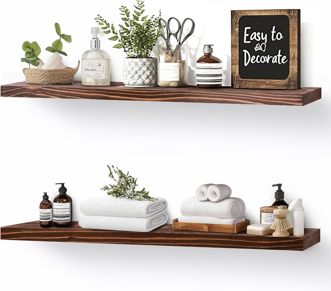 Floating Wall Shelves 2-Pack - 24-Inch Rustic Brown Wooden Shelves for Storage and Dcor, Easy Installation for Living Room, Bedroom, and Kitchen (24x5.8x0.8-Set of 2)