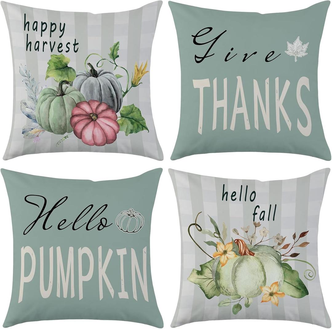 2 x Fall Throw Pillow Covers 18x18 Autumn Give Thanks Pillow Case Set of 4 Hello Pumpkin Happy Harvest Thanksgiving Outdoor Cushion Cases for Sofa Couch (Blue)