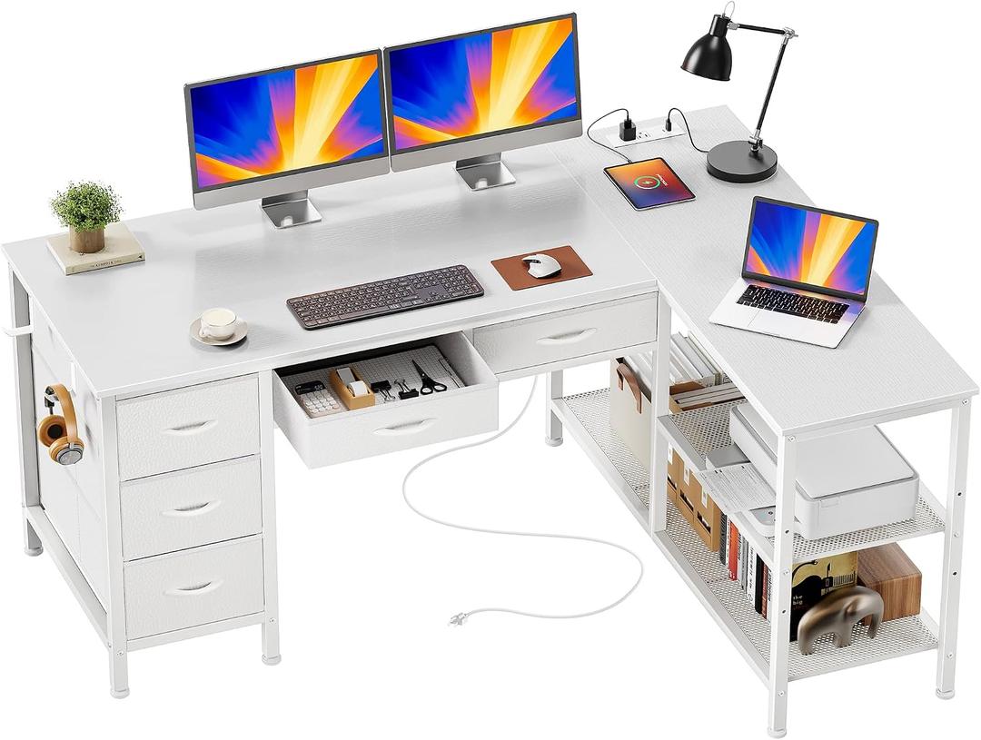 PRAISUN 47 Inch L Shaped Desk with Power Outlets, 5 Fabric Drawers
Reversible Computer Desk with Shelves, USB-C Port, Large Corner Office Desk for Gaming Writing Work Study, White