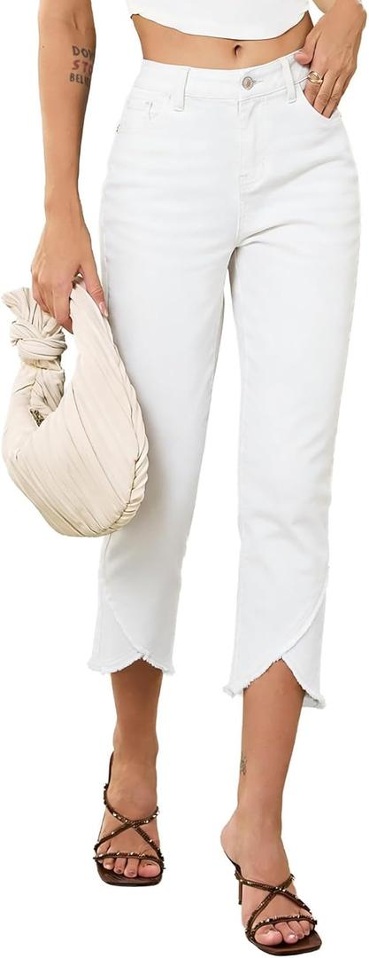 Sidefeel Women's Jeans High Waisted Stretchy Cropped Skinny Jeans Trendy Cross Raw Hem Summer Capri Pants with Pockets (White, M)