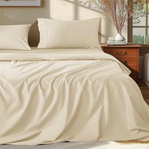 Shilucheng 100% Egyptian Cotton Queen Size Sheets Set - 1000 Thread CountLuxury Cotton Bed SheetsBreathable & Cooling Bedding and Pillow Cases, 16 Inch Deep Pocket - 4 Piece (Beige, Queen)