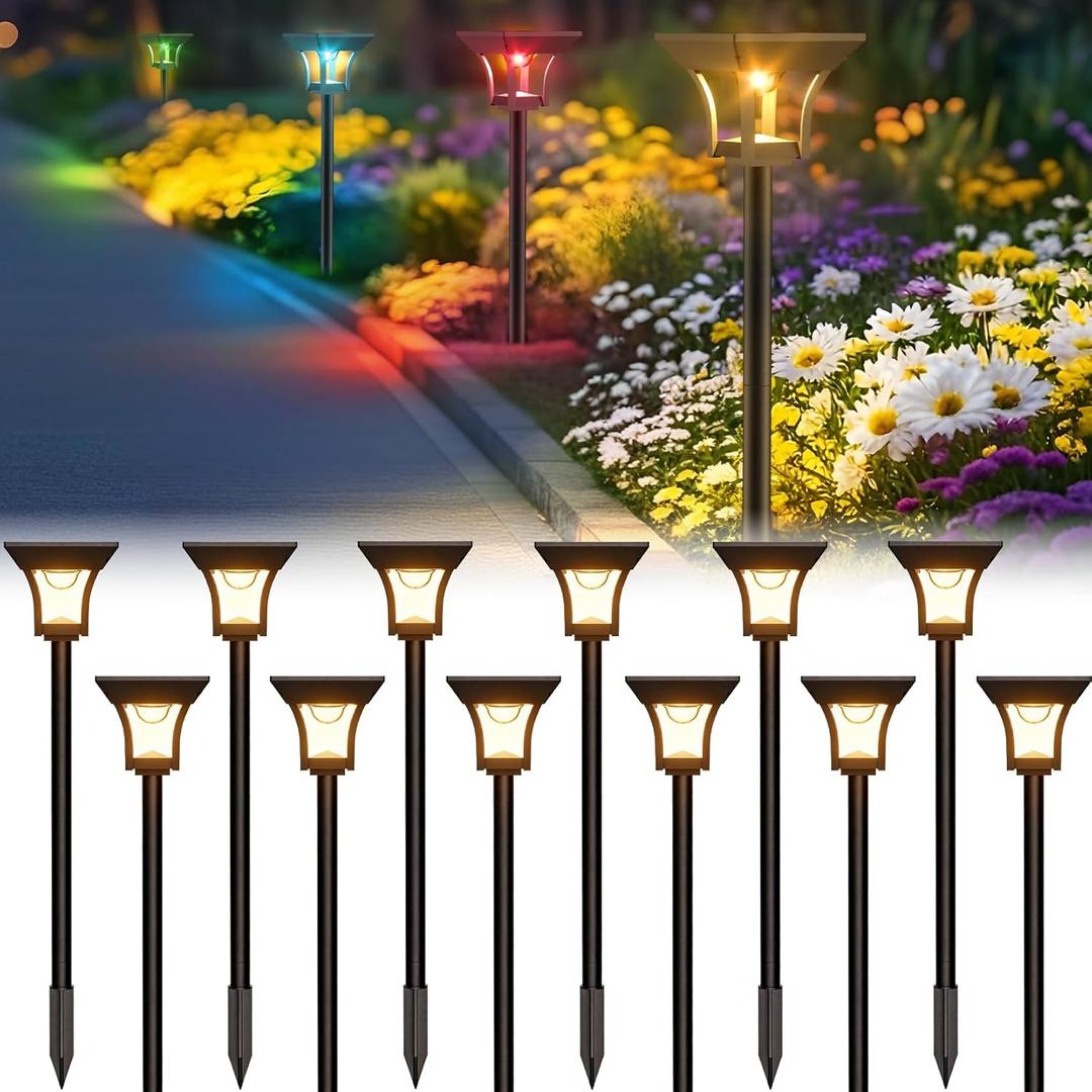 CINOTON 12 Pack RGBCW Solar Pathway Outdoor Lights, 3 Lighting Modes Solar LED Garden Lights, IP65 Waterproof Outside Solar Powered Landscape Lighting for Planter Lawn Pool Balcony RGB/Warm/Cold White (Multicolor)