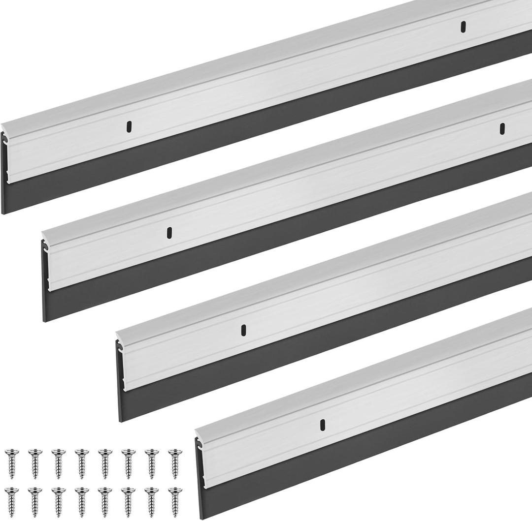 4 Pcs All-Season Door Sweep for Bottom of Door Exterior and Interior, Aluminum Alloy and Rubber, Commercial Weather Stripping Draft Stopper for Threshold Seal (1-3/4 x 36 Inch,Silver)