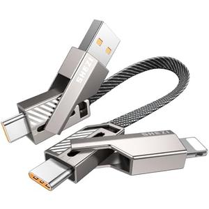 SHEZI [Upgraded 2.0] 4-in-1 Short USB C Cable 60W 0.6FT Fast Charging [480Mbps Data Sync] Flat Nylon Braided Charger Cord Combo, USB A/C to C/L Multi Charge Cable for iPhone/iPad & Most Devices, Grey