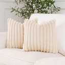 NiNi ALL Faux Fur Plush Throw Pillow Covers Beige 24x24 Inch Set of 2 Decorative Soft Plush Striped Couch Pillow Cover for Sofa Cushion Cases for Couch Bed Home Decor