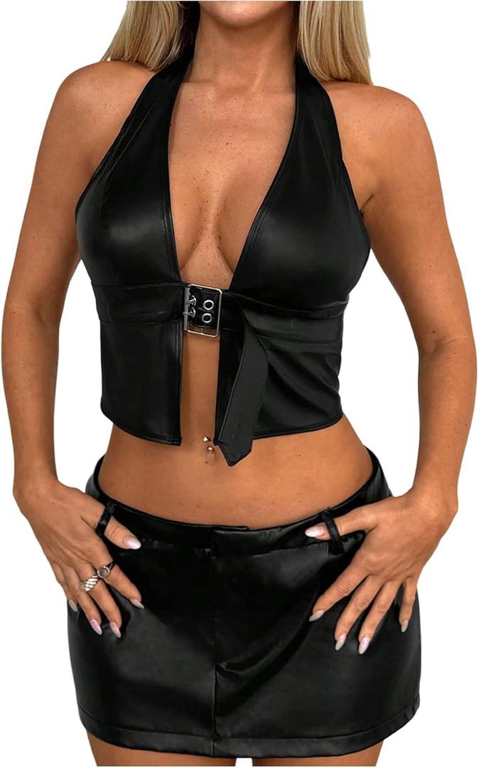 MakeMeChic Women's PU Leather Going Out Top Buckle Y2K Halter Crop Corset Party Clubwear (Black)