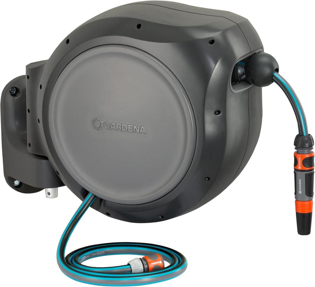 GARDENA Retractable Garden Hose Reel - 100 Feet - Auto Retract Hose Reel with 180 Swivel Wall Mount - Heavy Duty - Integrated Spray Nozzle - 08055