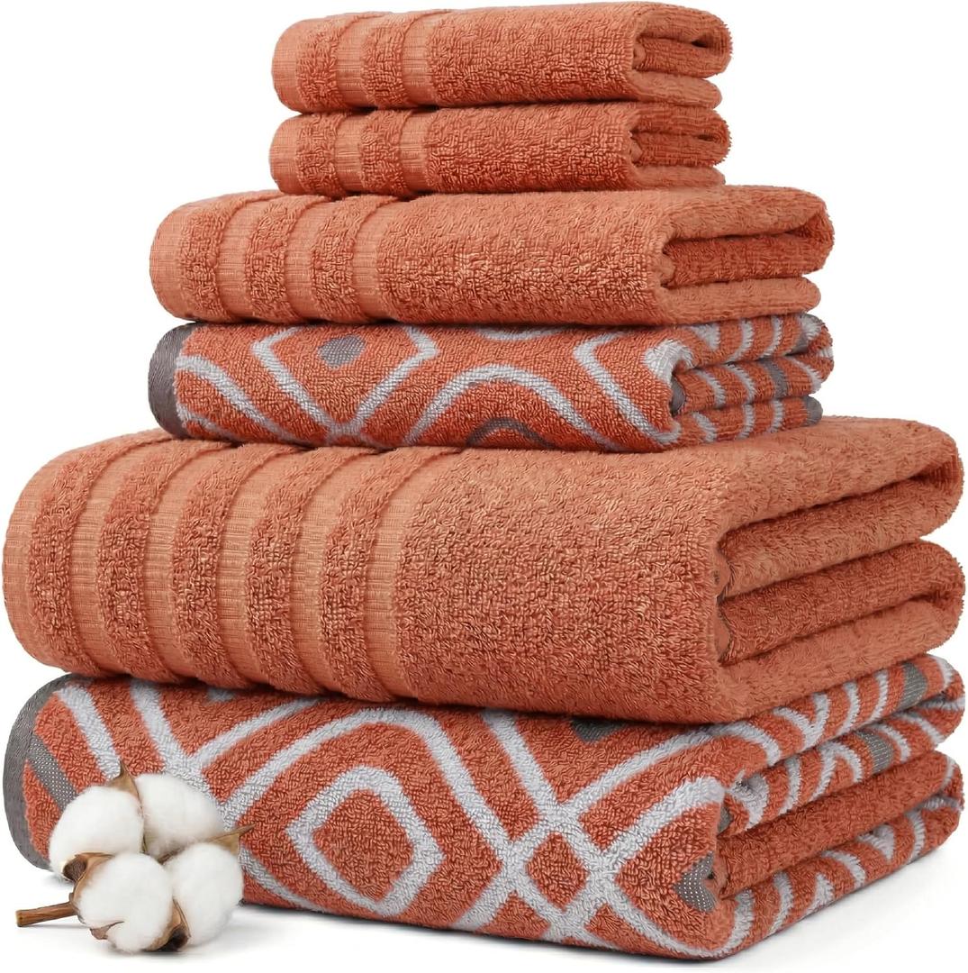 Modern Threads Classic Diamond 6-Piece 100% Cotton Towel Set  Yarn Dyed Jacquard  Includes 2 Bath Towels, 2 Hand Towels, 2 Washcloths  Absorbent, Quick Dry, Soft & Durable  Rust Orange