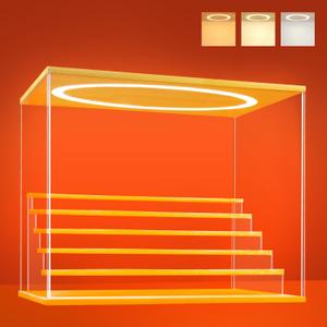 Acrylic Display Case with Adjustable LED Light, 6 L Tier Clear Display Box Dustproof Showcase for Action Figures, Collectibles and Mini Toys, Assembly Display Cabinet(Wood 19.7*12.6*16.5in)
