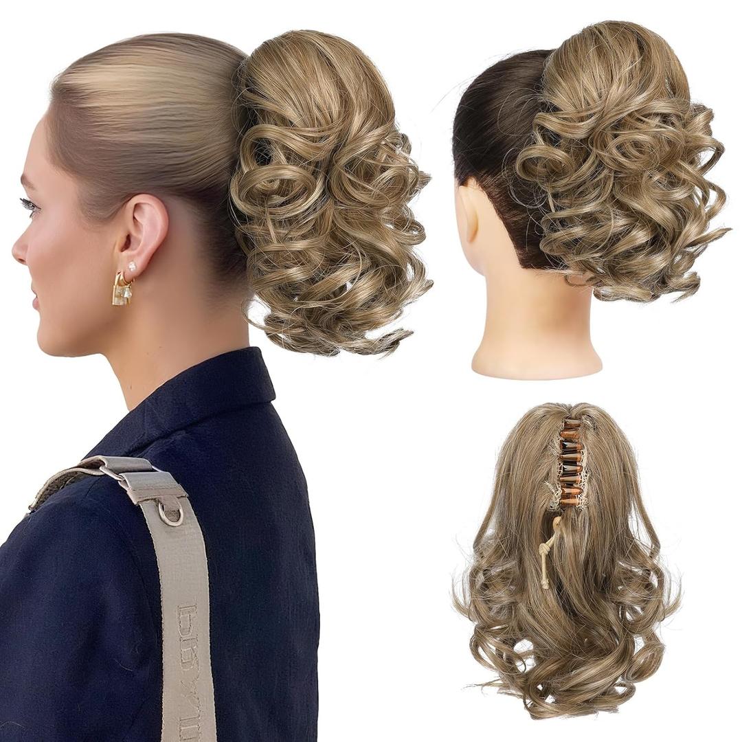 REECHO 9" Short Ponytail Extension, Classic Loose Curly Wavy Claw Clip Pony tails Hair Extensions HP001 Hairpieces for Women - Medium Blonde with Blonde Highlights