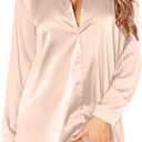 Ekouaer Satin Nightgown for Women Button Down Silk Sleepshirts Sexy V Neck Night Gown Long Sleeve Night Shirts 3XL (Champagne)