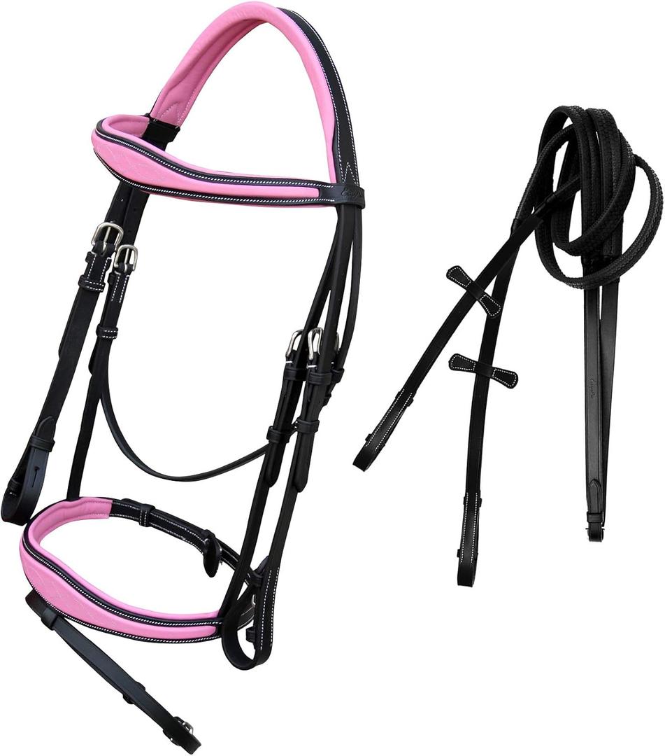 Exion Pink English Bridle for Horses | Anatomic Snaffle Noseband & Browband Jumping English Bridle with Flash and Rubber Reins. (Full/Horse Size, Havana)
