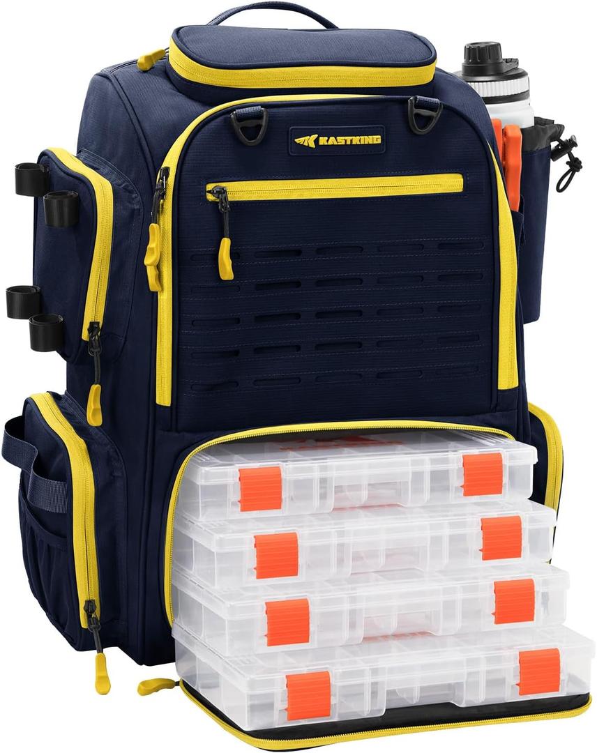KastKing Bait Boss Fishing Tackle Backpack with Rod Holders-4 Tackle Boxes-Rain Cover,45/43L Large Storage for Fishing Gear (G: Blue (Aluminum Back Support System))