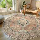 Lahome Oriental Washable Round Area Rug, Non-Slip Round Rugs 6ft Ultra-Thin, Soft Large Throw Circle Carpet for Living Room Bedroom Kitchen Nursery Eleanor, Peach/Orange