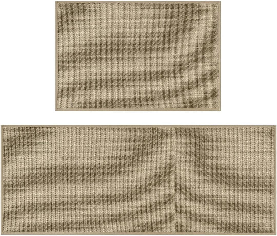 Artoid Mode Washable Non Slip Kitchen Rugs and Mats Set of 2, Rubber Backing Absorbent Kitchen Mats for Floor Front of Sink - 24x35 and 24x60 Inch (Linen)