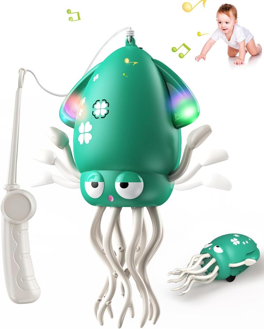 2 x Magic Dancing Octopus Toy - Smart Obstacle-Dodging Robot with LED Light Show & Music, USB Rechargeable Tummy Time Squid Toy for Babies | Electric Crawling Octopus | Interactive Gift for Kids 3+ (Green)