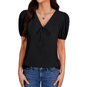 LYANER Women's Ruched Puff Sleeve V Neck Tie Knot Loose Fit Dressy Casual Blouse Shirt Top (Black, M)