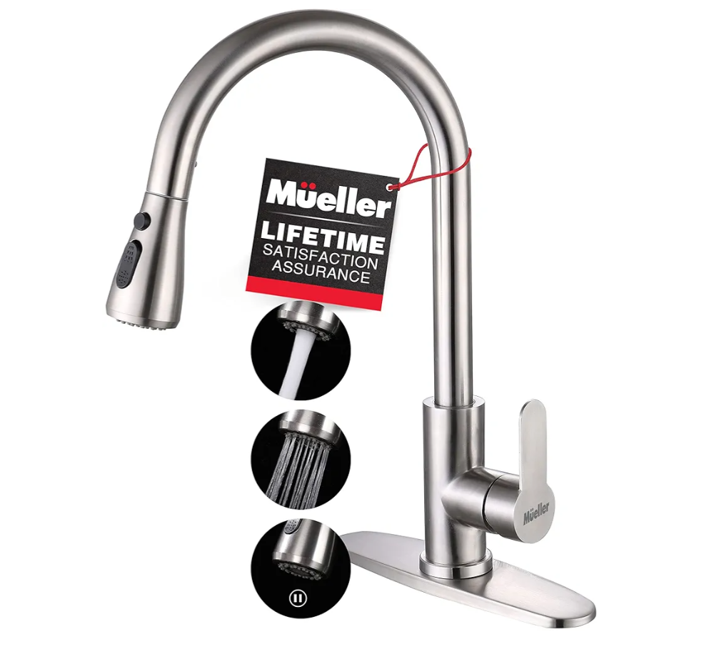 Mueller Single Handle Stainless Steel Kitchen Sink Faucet, High Arc, Single Lever, Pull-Out Sprayer Head, Stream Flow, Powerful Spray Kitchen Sink, with Deck Plate Brushed Nickel Finish