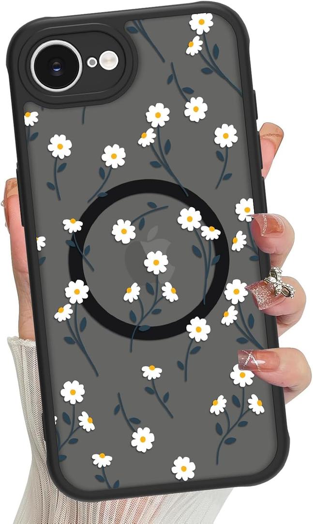 Magnetic for iPhone 16e Case for Women Men, Cute Daisy Floral Flowers Phone Case [Compatible with Magsafe] Translucent Matte Shockproof Cover, Daisy