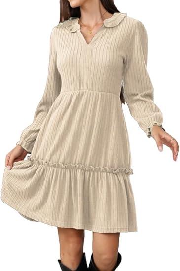 Alaster Queen Women's Autumn Dress Elegant Festive Winter Autumn Dress V-Neck Long Sleeve Short Knitted Dress Blouse Dress Party Dress Mullet with Pockets Autumn Dress, Small