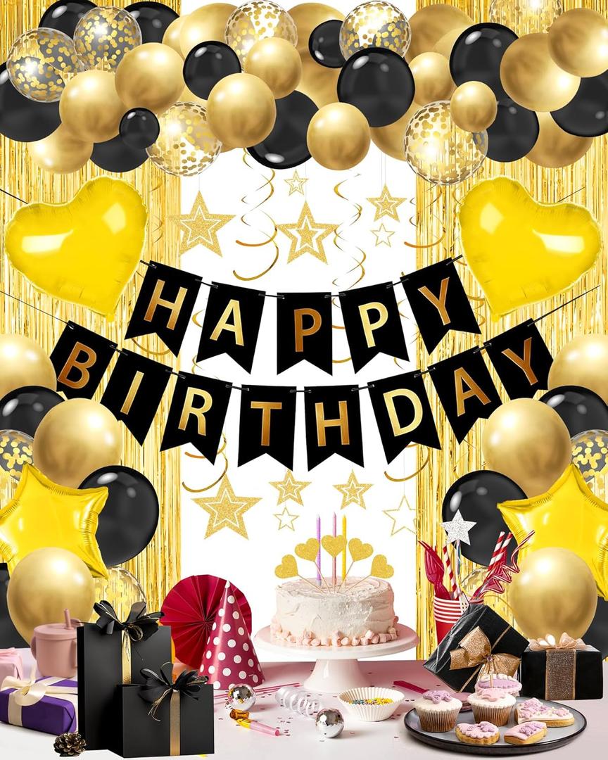Lutoys Black Gold Happy Birthday Party Decorations, Happy Birthday Banner, Black Gold Foil Heart Star Confetti Balloons Curtain Backdrop Hanging Swirls Party Decor for Boys Men