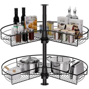 Corner Cabinet Lazy Susan, HANKEY Kitchen Corner Cabinet Organizer with 360 Rotating Metal Turntable2-Tier Kidney-Cut Shaped Lazy Susans with 22.3~31.1in Height Adjustment,Black