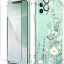 GVIEWIN for iPhone 11 Case Floral, with Screen Protector&Camera Lens Protector,[Non Yellowing] Soft Shockproof Clear Phone Protective Cover for Women, Flower Pattern Design 6.1"(Aquilegia/White)