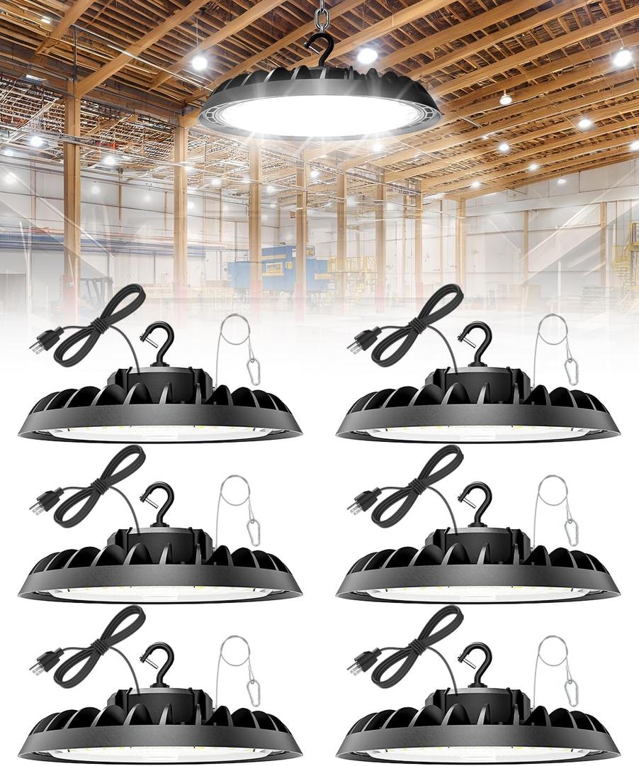 VOLISUN 6 Pack UFO Led High Bay Light 30,000LM, 200W, 5000K Daylight, 100-277V High Bay Led Shop Light, ETL Listed Commercial Bay Lighting for Garage Workshop Barn Factory Warehouse