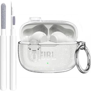 Compatible with JBL Vibe 200TWS/JBL Vibe Beam/Beam 2 Case Cover Clear Lock Clip with Cleaner Kit, Transparent TPU Protective Cover Men Women with Carabiner for JBL Vibe Beam 2 Charging Case