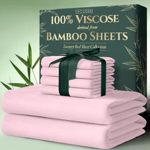 DECOLURE 100% Viscose Derived from Bamboo Sheets King Size 6pcs - Ultra Soft & Luxuriously Cooling, 17" Deep Pocket, Double Stitching, Perfect for Hot Sleepers - King Bed Sheets (Light Pink)