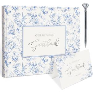 Blue Floral Wedding Guest Book Hardcover with Pen - 9x7 Inch 144 Pages Sign In Book for Wedding Reception, Bridal Shower, Engagement Party, Space for Polaroid Photos & Messages