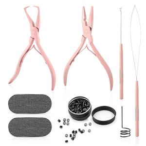 Gomake Microlinks Hair Extensions Kit, Hair Extension Closer and Removal Pliers, Micro Beads Pulling Hook & Microbead Loop Tool, Micro Links Silicone Rings Bead 200PCS (Pink)