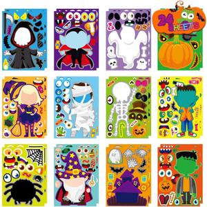 24 Sheets Halloween Stickers for Kids, Halloween Decorations, Kids Party Games, Face Stickers, Vinyl, Waterproof, Cartoon, Halloween Style