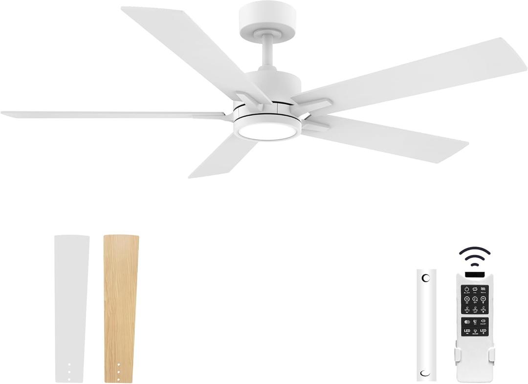 52" Ceiling Fan with Lights and Remote Control,Quiet DC Motor,Indoor outdoor Modern Ceiling Fans with Dimmable LED Light,6-Speed, 5-Blade,Waterproof, White/light wood for Bedroom,Patio,Porch