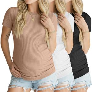 Ficerd 3 Pack Women's Maternity Shirts Short Sleeve Ribbed Pregnancy Tops Crew Neck Basic Tees Summer Mama Clothes(Khaki, White, Black,Small) (S)