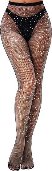 VEBZIN Sexy Sparkly Fishnets Stockings Jeweled High Waist Fishnet Tights for Women Rhinestone Party Pantyhose One size