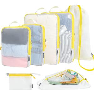 Lightweight Compression Packing Cubes for Suitcases, Compressible Expandable Travel Packing Organizer with Clear Toiletries and Backpack Bag, Travel Essentials for Carry on Luggage 7 Set (Mesh white/Yellow)