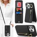 for iPhone 14 pro max Phone Case with Card Holder and Strap for Women, Crossbody Bag with Ring Stand Zipper Wallet Case for Apple14promax Purse - Black