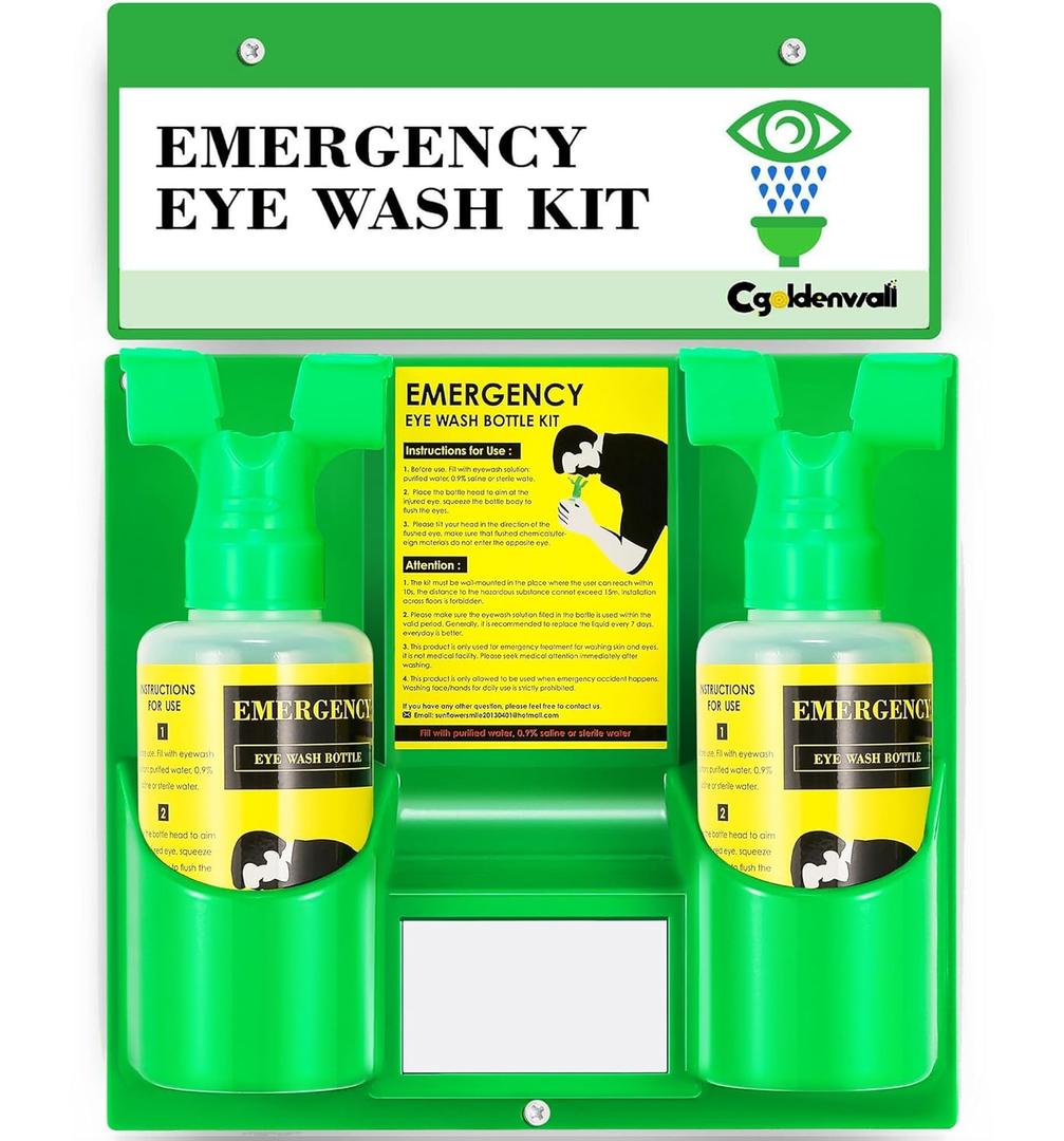 CGOLDENWALL Emergency Eye Wash Station Portable Eyewash Station Wall Mounted Eye Wash Kit, OSHA Approved Double 16.9oz Eye Wash Bottles for First Aid (EMPTY Bottles) (Basic Model)