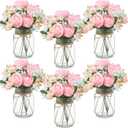 Zeyune 6 Sets Mason Jar Centerpiece Table Decorations, Artificial Peony Baby's Breath Flower Bouquets, Faux Flowers with Vase, Rustic Decor Gifts for Home, Wedding, Holiday (Light Pink)