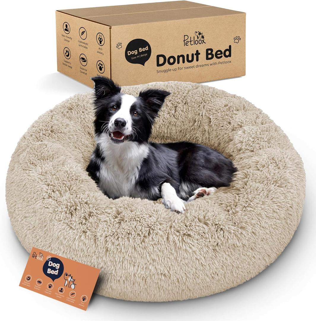 Donut Dog Bed - Premium Comfort for Anxiety Relief - Fluffy & Calming Design with Ultra-Plush Support | Cozy Round Dog Bed with Super Soft Circle Style (Size M Beige)