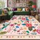 RELEANY Floral Nursery 9x12 Area Rugs Washable Print Boho Cute Carpet Non Slip Flower Low Pile for Living Room Kids Girls Playroom Bedroom Kitchen Office Farmhouse-Pink