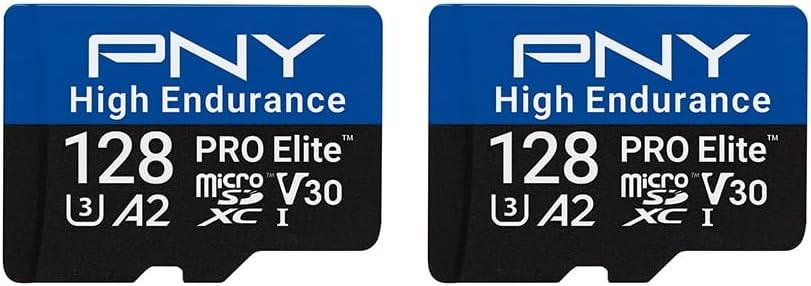 PNY 128GB PRO Elite High Endurance C10 U3 V30 A2 microSDXC – Up to 34.4K Continuous Recording Hours, Up to 100/ 90MB/ s Read/ Write, 4K UHD, Full HD, UHS-I, Surveillance, Home Security, Dash Cam, 2-Pack